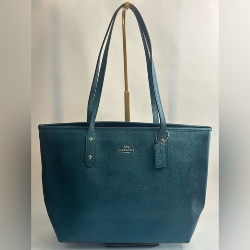 Coach City Zip Tote Teal Metallic Crossgrain Leather - EUC with COA